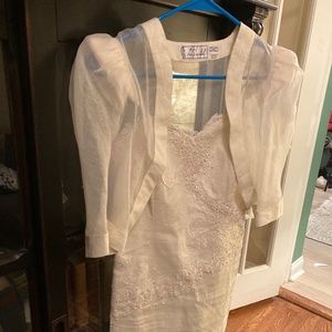 LeScandale designer linen dress with embroidery on bodice and sheer short bolero